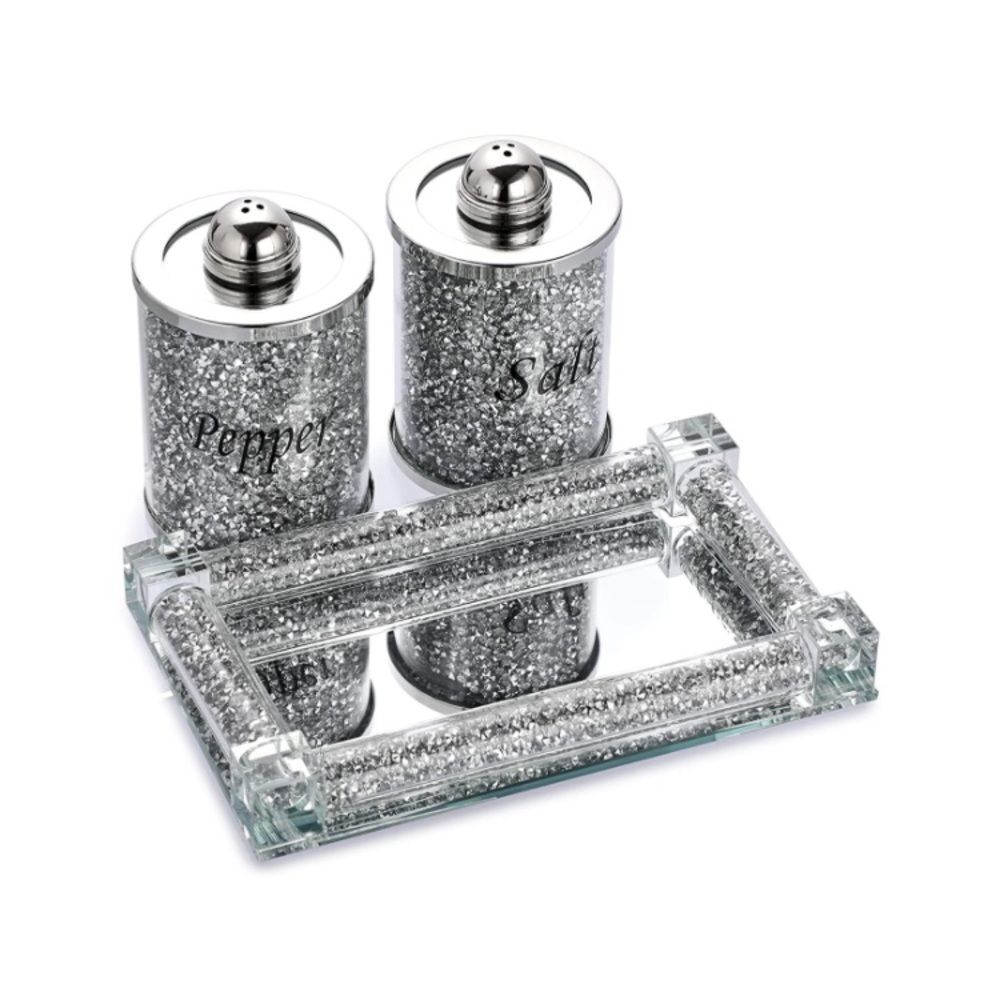 Crushed Diamond Salt and Pepper Shakers With Tray - Picture 5 of 5